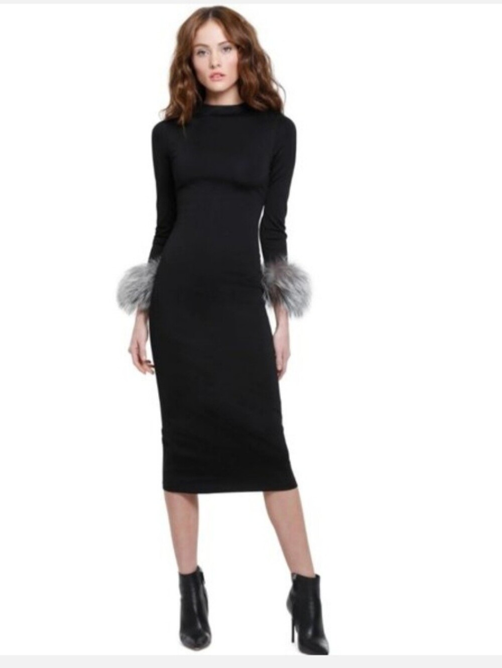 ALICE + OLIVIA Delora Fox Fur-cuff Sleeve Black Midi Dress. Size 4 $550 - Picture 6 of 12